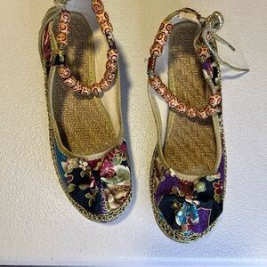 Floral Embroidered Slip-On Flats with Beaded Ankle Straps